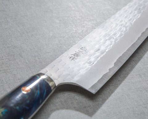 Nigara R2/SG2 Matt Migaki Tsuchime 240mm Gyuto with Polished Twilight Blue Acrylic Handle