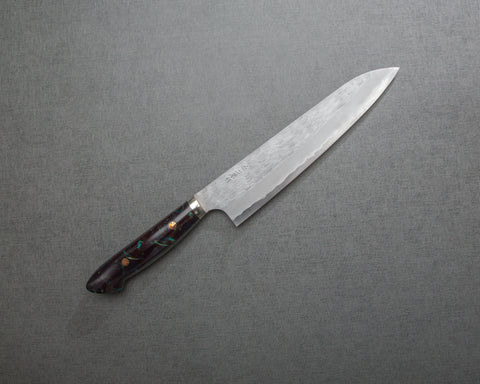 Nigara R2/SG2 Matt Migaki Tsuchime 240mm Gyuto with Polished Aurora and Tigereye Acrylic Handle