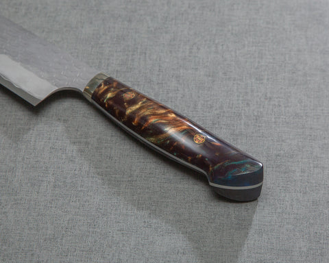 Nigara R2/SG2 Matt Migaki Tsuchime 240mm Gyuto with Polished Aurora and Tigereye Acrylic Handle