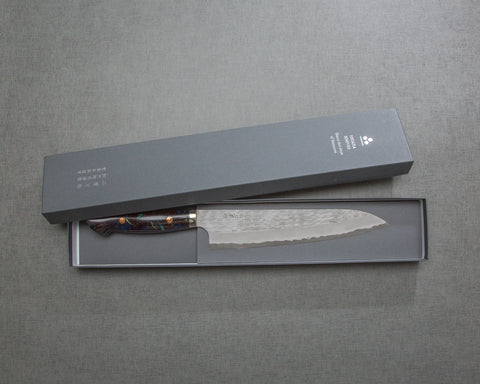 Nigara R2/SG2 Matt Migaki Tsuchime 240mm Gyuto with Polished Aurora and Tigereye Acrylic Handle