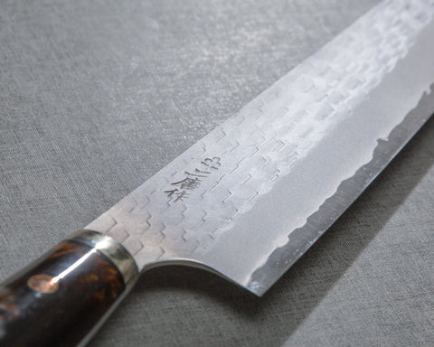Nigara R2/SG2 Matt Migaki Tsuchime 240mm Gyuto with Polished Brown Marble Acrylic Handle