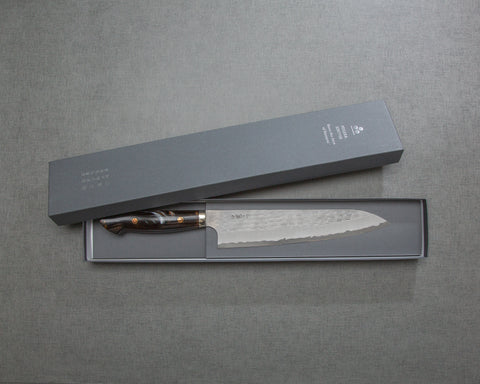 Nigara R2/SG2 Matt Migaki Tsuchime 240mm Gyuto with Polished Brown Marble Acrylic Handle