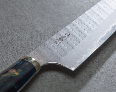 Nigara R2/SG2 Matt Migaki Tsuchime 240mm Gyuto with Polished Twilight Blue Acrylic Handle