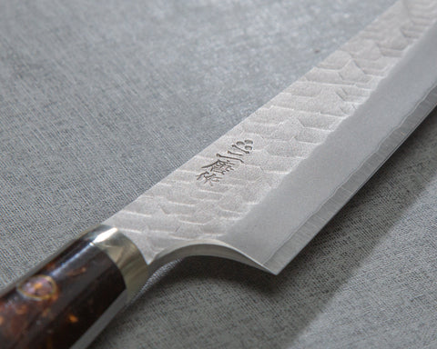 Nigara R2/SG2 Matt Migaki Tsuchime 135mm Honesuki with Polished Tigereye Acrylic Handle