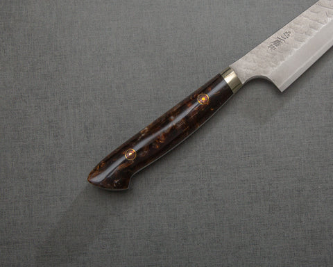Nigara R2/SG2 Matt Migaki Tsuchime 135mm Honesuki with Polished Tigereye Acrylic Handle