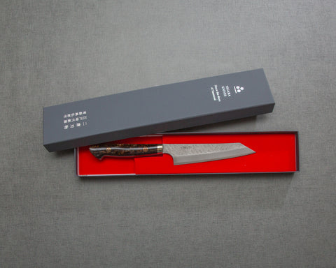 Nigara R2/SG2 Matt Migaki Tsuchime 135mm Honesuki with Polished Tigereye Acrylic Handle
