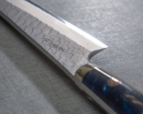 Nigara R2/SG2 Matt Migaki Tsuchime 135mm Honesuki with Polished Twilight Blue Acrylic Handle