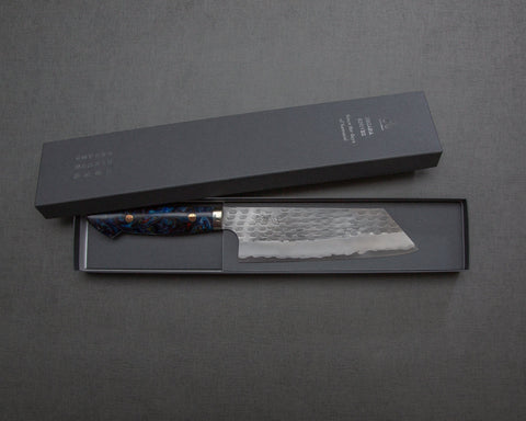Nigara R2/SG2 Matt Migaki Tsuchime 165mm Kiritsuke Nakiri with Polished Flowing Blue River Acrylic Handle