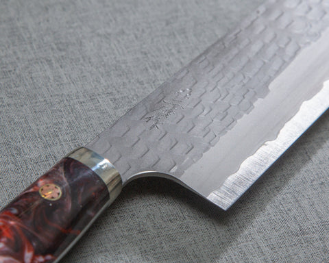 Nigara R2/SG2 Matt Migaki Tsuchime 165mm Kiritsuke Nakiri with Polished Flowing Scarlet Marble Acrylic Handle
