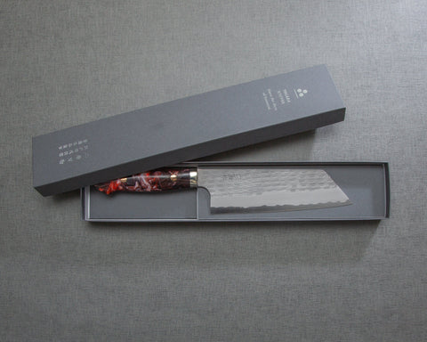 Nigara R2/SG2 Matt Migaki Tsuchime 165mm Kiritsuke Nakiri with Polished Flowing Scarlet Marble Acrylic Handle