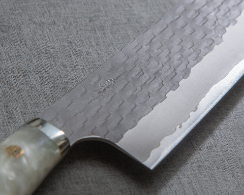Nigara R2/SG2 Matt Migaki Tsuchime 165mm Kiritsuke Nakiri with Polished White Marble Acrylic Handle