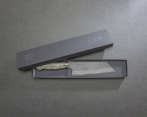 Nigara R2/SG2 Matt Migaki Tsuchime 165mm Kiritsuke Nakiri with Polished White Marble Acrylic Handle
