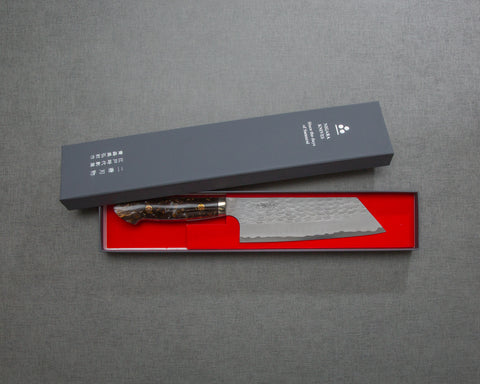 Nigara R2/SG2 Matt Migaki Tsuchime 165mm Kiritsuke Nakiri with Polished Brown Marble Acrylic Handle