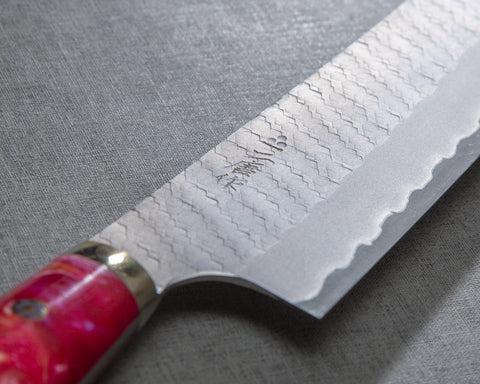 Nigara R2/SG2 Matt Migaki Tsuchime 210mm Kiritsuke Gyuto with Polished Neon Pink Acrylic Handle