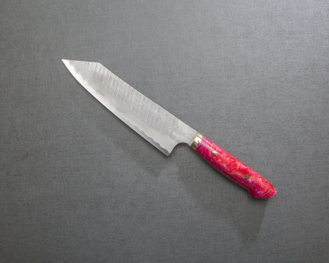 Nigara R2/SG2 Matt Migaki Tsuchime 210mm Kiritsuke Gyuto with Polished Neon Pink Acrylic Handle