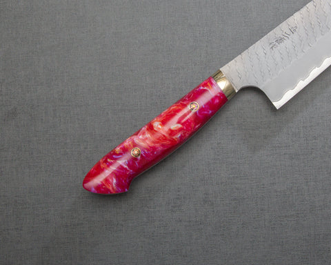Nigara R2/SG2 Matt Migaki Tsuchime 210mm Kiritsuke Gyuto with Polished Neon Pink Acrylic Handle