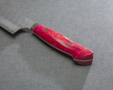 Nigara R2/SG2 Matt Migaki Tsuchime 210mm Kiritsuke Gyuto with Polished Neon Pink Acrylic Handle