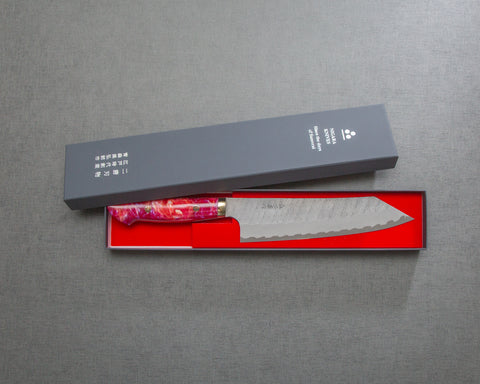 Nigara R2/SG2 Matt Migaki Tsuchime 210mm Kiritsuke Gyuto with Polished Neon Pink Acrylic Handle