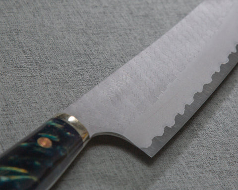 Nigara R2/SG2 Matt Migaki Tsuchime 210mm Kiritsuke Gyuto with Polished Twilight Blue Acrylic Handle