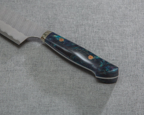 Nigara R2/SG2 Matt Migaki Tsuchime 210mm Kiritsuke Gyuto with Polished Twilight Blue Acrylic Handle