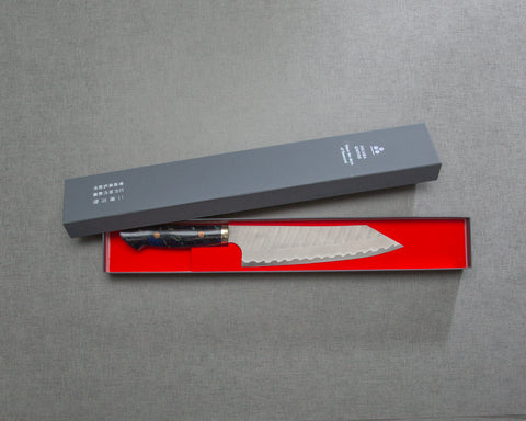 Nigara R2/SG2 Matt Migaki Tsuchime 210mm Kiritsuke Gyuto with Polished Twilight Blue Acrylic Handle