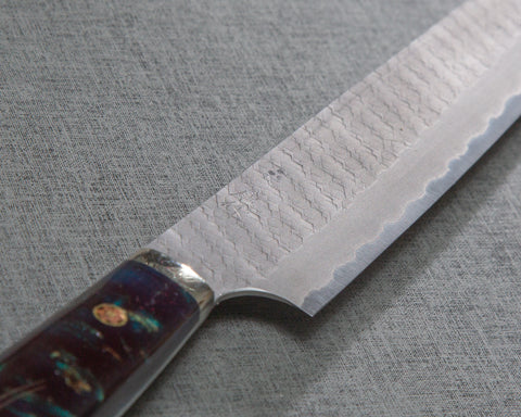 Nigara R2/SG2 Matt Migaki Tsuchime 255mm Kiritsuke Sujihiki with Polished Twilight Blue Acrylic Handle