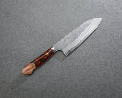 Nigara R2/SG2 Matt Migaki Tsuchime 165mm Santoku with Stabilized Wood / Polished Red Lava Acrylic Handle