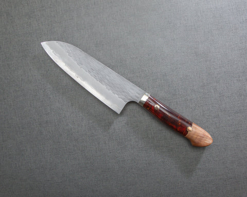 Nigara R2/SG2 Matt Migaki Tsuchime 165mm Santoku with Stabilized Wood / Polished Red Lava Acrylic Handle