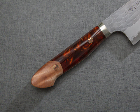 Nigara R2/SG2 Matt Migaki Tsuchime 165mm Santoku with Stabilized Wood / Polished Red Lava Acrylic Handle