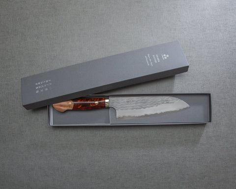 Nigara R2/SG2 Matt Migaki Tsuchime 165mm Santoku with Stabilized Wood / Polished Red Lava Acrylic Handle