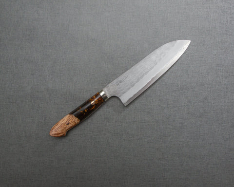 Nigara R2/SG2 Matt Migaki Tsuchime 165mm Santoku with Stabilized Wood / Polished Maroon Amber Acrylic Handle