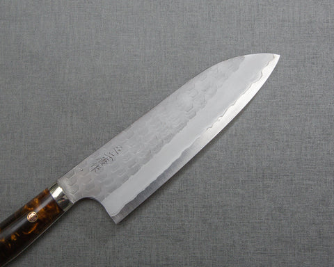 Nigara R2/SG2 Matt Migaki Tsuchime 165mm Santoku with Stabilized Wood / Polished Maroon Amber Acrylic Handle