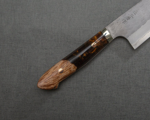 Nigara R2/SG2 Matt Migaki Tsuchime 165mm Santoku with Stabilized Wood / Polished Maroon Amber Acrylic Handle