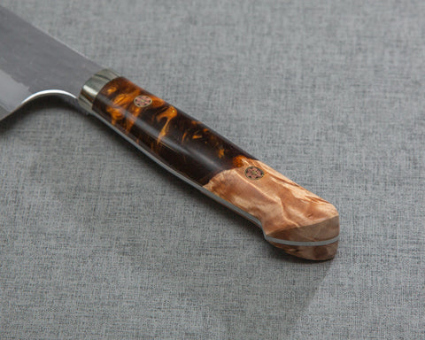 Nigara R2/SG2 Matt Migaki Tsuchime 165mm Santoku with Stabilized Wood / Polished Maroon Amber Acrylic Handle