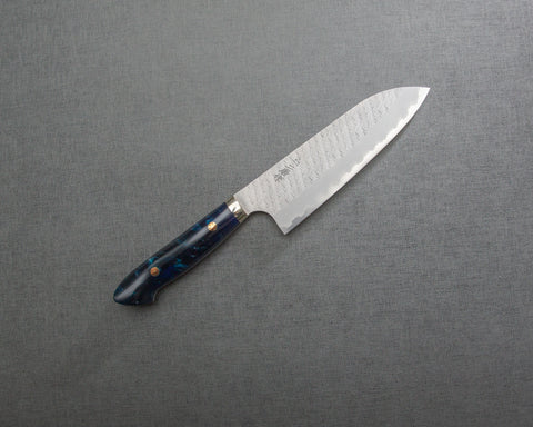 Nigara R2/SG2 Matt Migaki Tsuchime 165mm Santoku with Polished Marine Blue Acrylic Handle