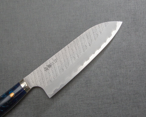 Nigara R2/SG2 Matt Migaki Tsuchime 165mm Santoku with Polished Marine Blue Acrylic Handle