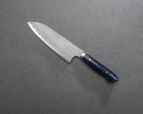 Nigara R2/SG2 Matt Migaki Tsuchime 165mm Santoku with Polished Marine Blue Acrylic Handle