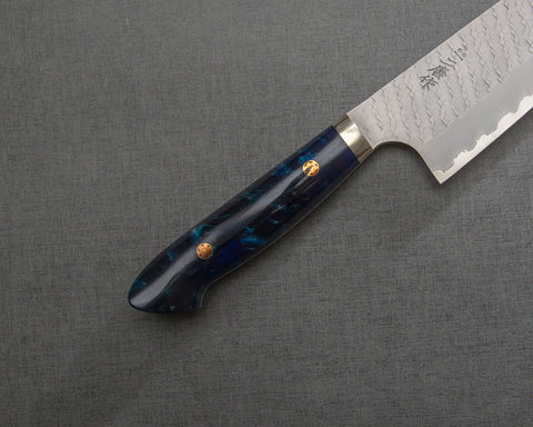 Nigara R2/SG2 Matt Migaki Tsuchime 165mm Santoku with Polished Marine Blue Acrylic Handle