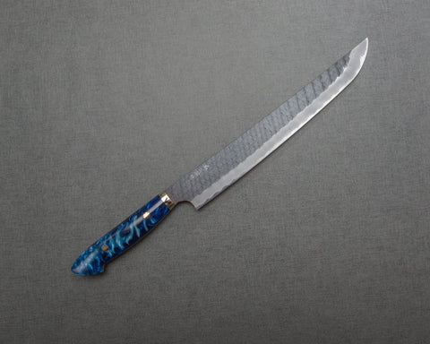 Nigara R2/SG2 Tsuchime Kurouchi 300mm Sakimaru Sujihiki with Polished Ocean Blue Acrylic Handle