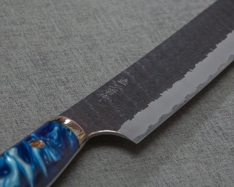 Nigara R2/SG2 Tsuchime Kurouchi 300mm Sakimaru Sujihiki with Polished Ocean Blue Acrylic Handle