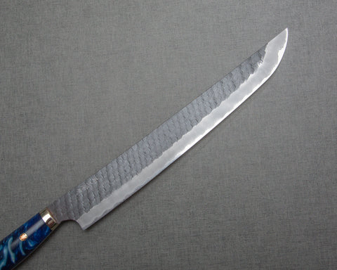Nigara R2/SG2 Tsuchime Kurouchi 300mm Sakimaru Sujihiki with Polished Ocean Blue Acrylic Handle