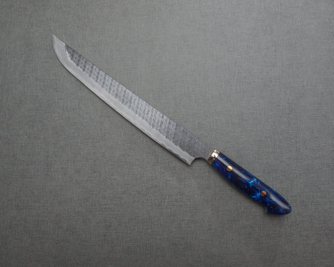 Nigara R2/SG2 Tsuchime Kurouchi 300mm Sakimaru Sujihiki with Polished Ocean Blue Acrylic Handle