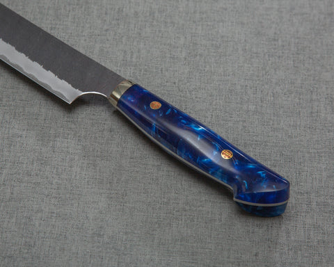 Nigara R2/SG2 Tsuchime Kurouchi 300mm Sakimaru Sujihiki with Polished Ocean Blue Acrylic Handle