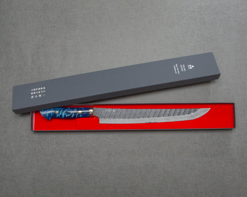 Nigara R2/SG2 Tsuchime Kurouchi 300mm Sakimaru Sujihiki with Polished Ocean Blue Acrylic Handle