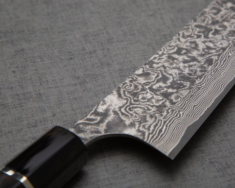 Takeshi Saji R2/SG2 Black Damascus 240mm Kiritsuke with Silver Ring Buffalo Horn Handle