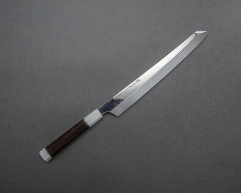 Sakai Takayuki "Sinuchi Hienn" Mizu-Honyaki Shirogami #2 Mirror-Finish 300mm Kiritsuke Yanagiba with Ebony Handle and Shiroishime Saya