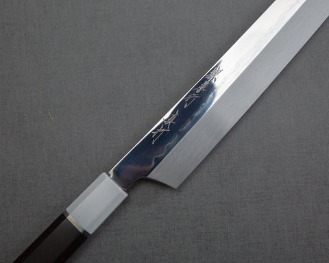 Sakai Takayuki "Sinuchi Hienn" Mizu-Honyaki Shirogami #2 Mirror-Finish 300mm Kiritsuke Yanagiba with Ebony Handle and Shiroishime Saya