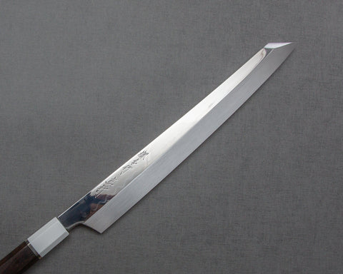 Sakai Takayuki "Sinuchi Hienn" Mizu-Honyaki Shirogami #2 Mirror-Finish 300mm Kiritsuke Yanagiba with Ebony Handle and Shiroishime Saya