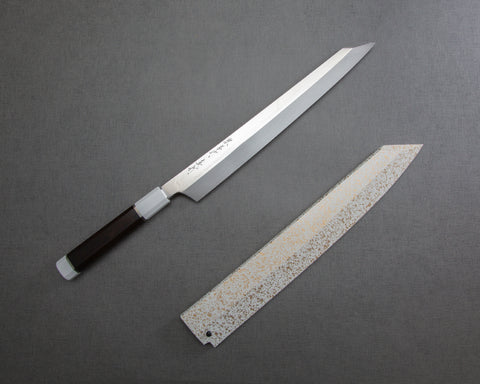 Sakai Takayuki "Sinuchi Hienn" Mizu-Honyaki Shirogami #2 Mirror-Finish 300mm Kiritsuke Yanagiba with Ebony Handle and Shiroishime Saya