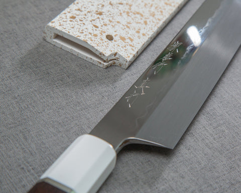 Sakai Takayuki "Sinuchi Hienn" Mizu-Honyaki Shirogami #2 Mirror-Finish 300mm Kiritsuke Yanagiba with Ebony Handle and Shiroishime Saya